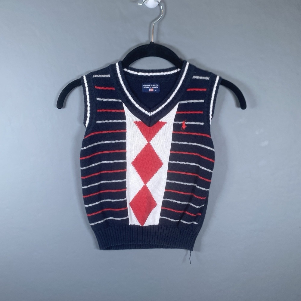 Vintage Polo Jeans Co Ralph Lauren Sweater Vest Navy Red White Argyle Youth 11